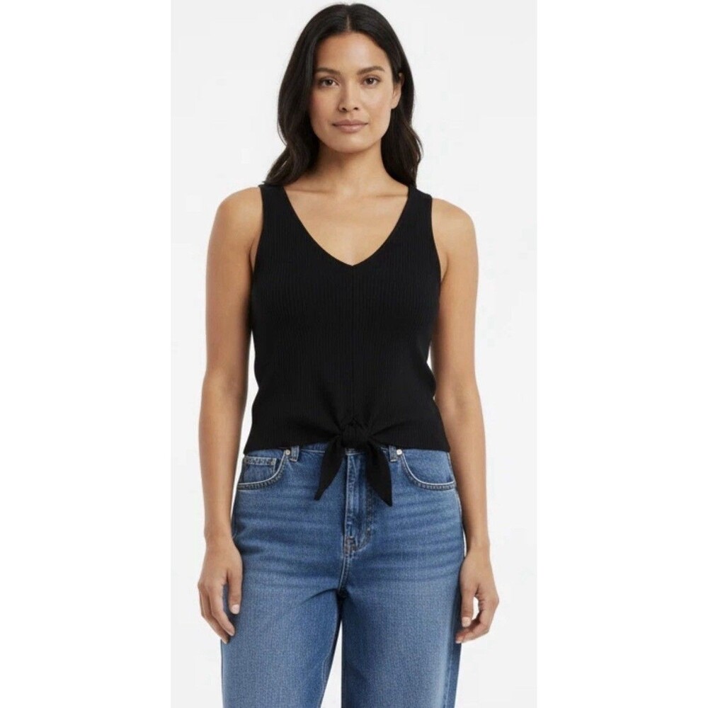 Madewell Woman's Black Textured Ribbed Front Tie V Neck Tank Top Large Blouse
